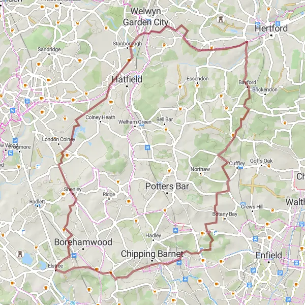 Map miniature of "Gravel Route from Borehamwood to Shenley, Sleapshyde, Stanborough Reedmarsh, Newgate Street, New Barnet, and Highwood Hill" cycling inspiration in Bedfordshire and Hertfordshire, United Kingdom. Generated by Tarmacs.app cycling route planner