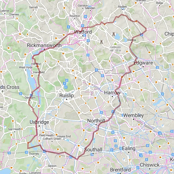 Map miniature of "The Elstree Loop" cycling inspiration in Bedfordshire and Hertfordshire, United Kingdom. Generated by Tarmacs.app cycling route planner