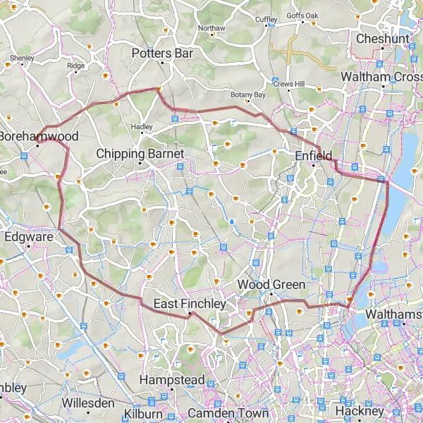 Map miniature of "Gravel Route from Borehamwood to Botany Bay, Ponders End, Hornsey, Leopold Stokowski’s Grave, and Mill Hill" cycling inspiration in Bedfordshire and Hertfordshire, United Kingdom. Generated by Tarmacs.app cycling route planner