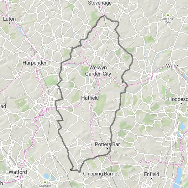 Map miniature of "Road Route from Borehamwood to Shenley, Wheathampstead, Datchworth, and Letty Green" cycling inspiration in Bedfordshire and Hertfordshire, United Kingdom. Generated by Tarmacs.app cycling route planner
