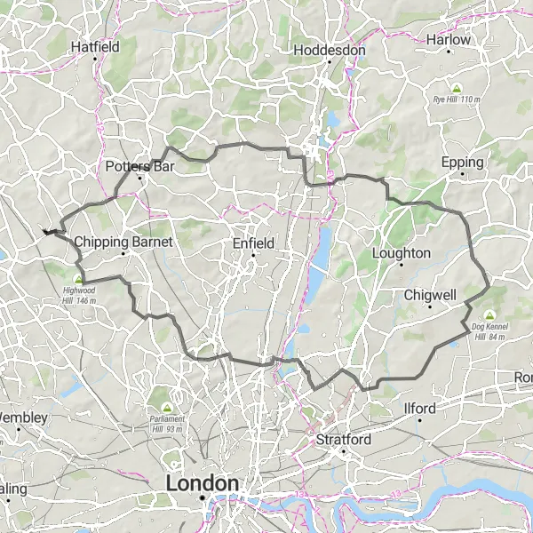 Map miniature of "Borehamwood Road Cycling Route" cycling inspiration in Bedfordshire and Hertfordshire, United Kingdom. Generated by Tarmacs.app cycling route planner