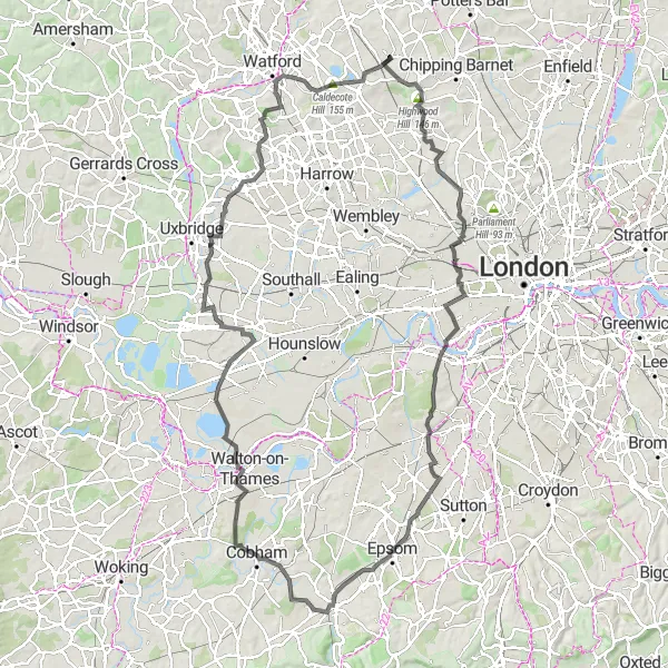 Map miniature of "The Hill Climbing Challenge" cycling inspiration in Bedfordshire and Hertfordshire, United Kingdom. Generated by Tarmacs.app cycling route planner