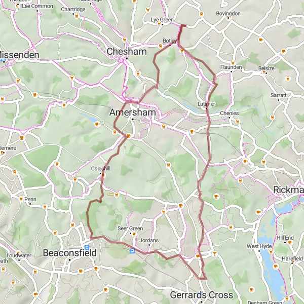 Map miniature of "Countryside Cruise near Bovingdon" cycling inspiration in Bedfordshire and Hertfordshire, United Kingdom. Generated by Tarmacs.app cycling route planner