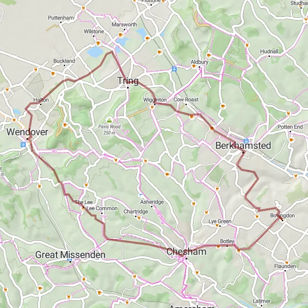 Map miniature of "Gravel Grind around Bovingdon" cycling inspiration in Bedfordshire and Hertfordshire, United Kingdom. Generated by Tarmacs.app cycling route planner