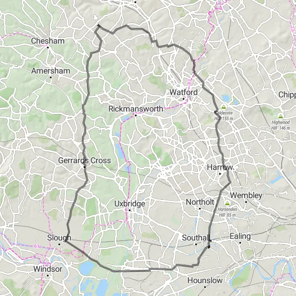 Map miniature of "The Road to Kings Langley" cycling inspiration in Bedfordshire and Hertfordshire, United Kingdom. Generated by Tarmacs.app cycling route planner