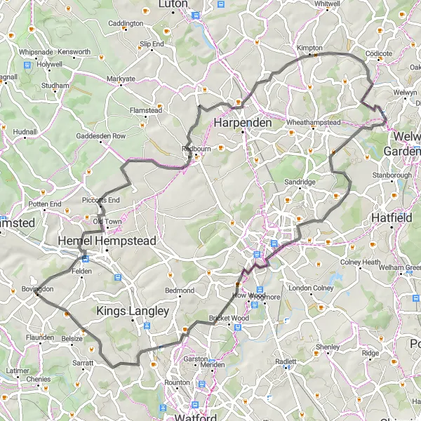 Map miniature of "Scenic Road Adventure from Bovingdon" cycling inspiration in Bedfordshire and Hertfordshire, United Kingdom. Generated by Tarmacs.app cycling route planner