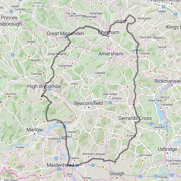 Map miniature of "A Ride Through Rural Hertfordshire" cycling inspiration in Bedfordshire and Hertfordshire, United Kingdom. Generated by Tarmacs.app cycling route planner