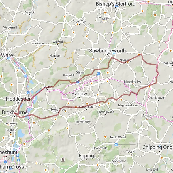 Map miniature of "The Tranquil Gravel Escape" cycling inspiration in Bedfordshire and Hertfordshire, United Kingdom. Generated by Tarmacs.app cycling route planner