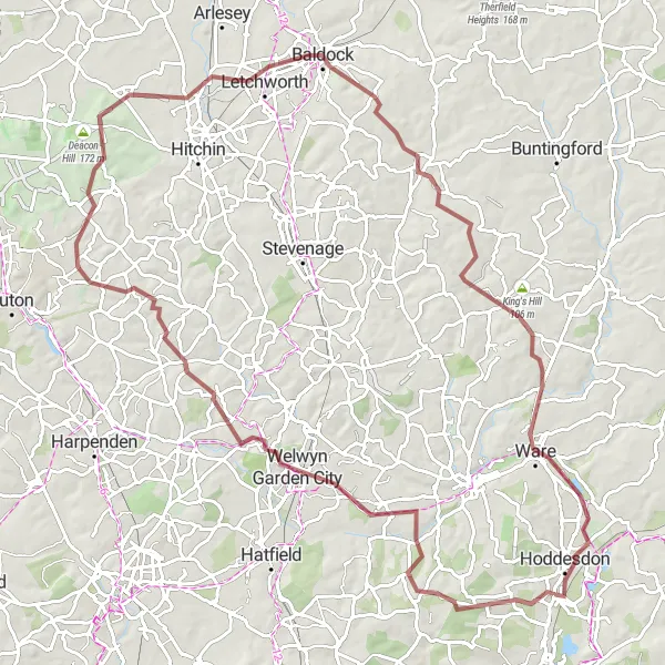 Map miniature of "Nature's Wonderland" cycling inspiration in Bedfordshire and Hertfordshire, United Kingdom. Generated by Tarmacs.app cycling route planner