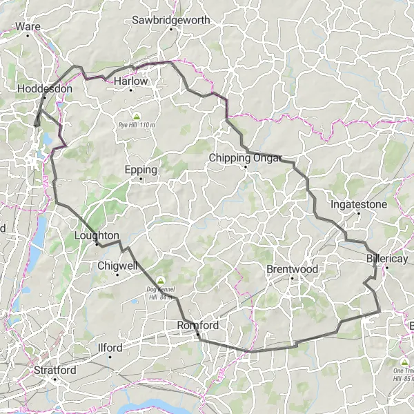 Map miniature of "The Hertfordshire to Epping Forest Challenge" cycling inspiration in Bedfordshire and Hertfordshire, United Kingdom. Generated by Tarmacs.app cycling route planner