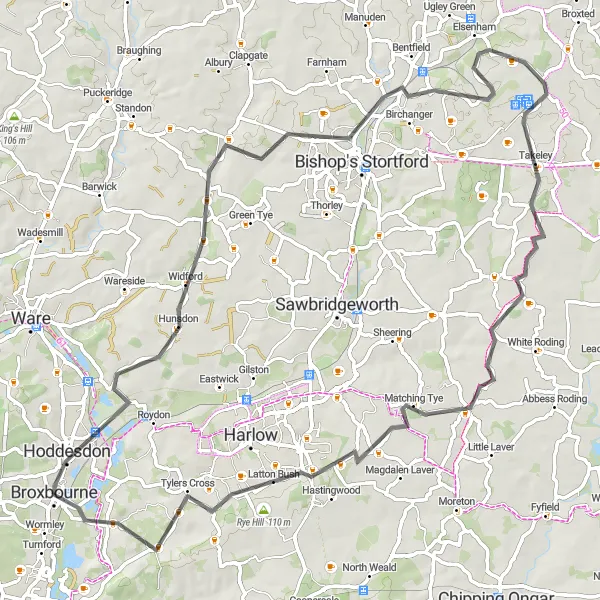 Map miniature of "Countryside Escape" cycling inspiration in Bedfordshire and Hertfordshire, United Kingdom. Generated by Tarmacs.app cycling route planner