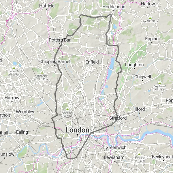 Map miniature of "Broxbourne Loop" cycling inspiration in Bedfordshire and Hertfordshire, United Kingdom. Generated by Tarmacs.app cycling route planner