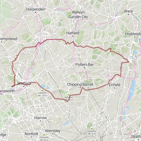 Map miniature of "Hertfordshire Scenic Road Loop" cycling inspiration in Bedfordshire and Hertfordshire, United Kingdom. Generated by Tarmacs.app cycling route planner