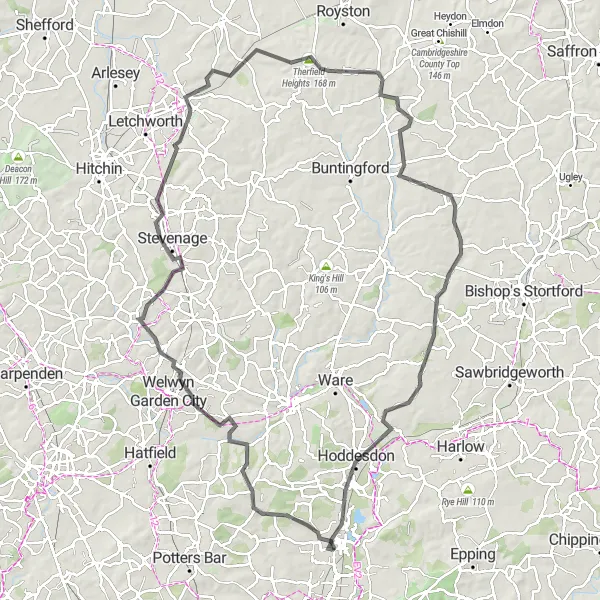Map miniature of "Challenging Hertfordshire Adventure" cycling inspiration in Bedfordshire and Hertfordshire, United Kingdom. Generated by Tarmacs.app cycling route planner