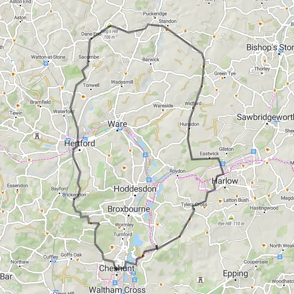 Map miniature of "Hertfordshire Road Adventure" cycling inspiration in Bedfordshire and Hertfordshire, United Kingdom. Generated by Tarmacs.app cycling route planner