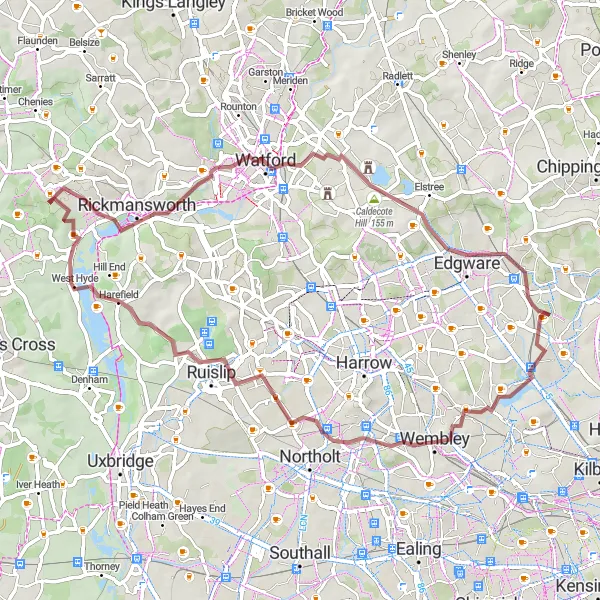 Map miniature of "Chorleywood - Watford - Caldecote Hill - West Hendon - Wembley - Horsenden Hill - Harefield - Chorleywood" cycling inspiration in Bedfordshire and Hertfordshire, United Kingdom. Generated by Tarmacs.app cycling route planner