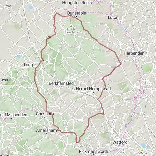 Map miniature of "Chorleywood - Chenies - Hawridge - Ivinghoe Beacon - Totternhoe - Redbourn - Chorleywood" cycling inspiration in Bedfordshire and Hertfordshire, United Kingdom. Generated by Tarmacs.app cycling route planner