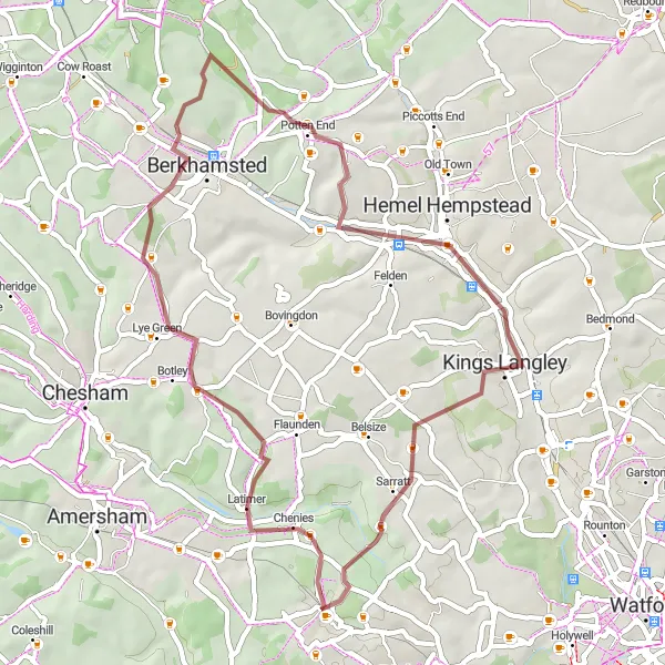 Map miniature of "Chorleywood - Latimer - Ashley Green - Bourne End - Chorleywood" cycling inspiration in Bedfordshire and Hertfordshire, United Kingdom. Generated by Tarmacs.app cycling route planner