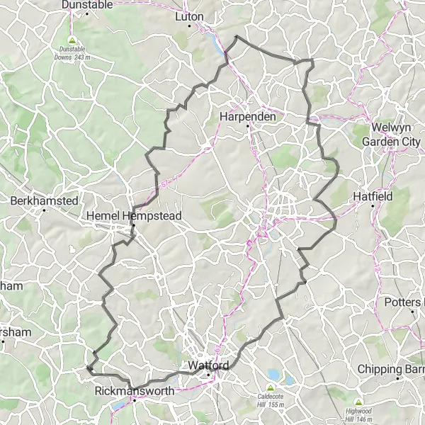 Map miniature of "Chorleywood Road Loop" cycling inspiration in Bedfordshire and Hertfordshire, United Kingdom. Generated by Tarmacs.app cycling route planner