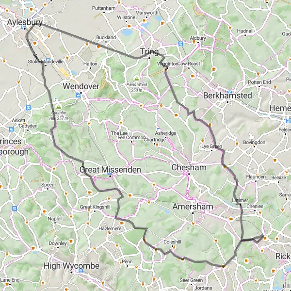 Map miniature of "Chalfont St Giles Adventure" cycling inspiration in Bedfordshire and Hertfordshire, United Kingdom. Generated by Tarmacs.app cycling route planner