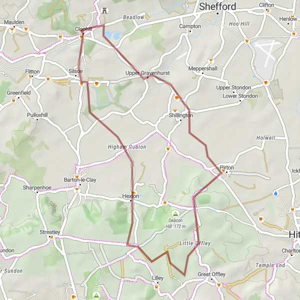 Map miniature of "Around Clophill and Shillington" cycling inspiration in Bedfordshire and Hertfordshire, United Kingdom. Generated by Tarmacs.app cycling route planner