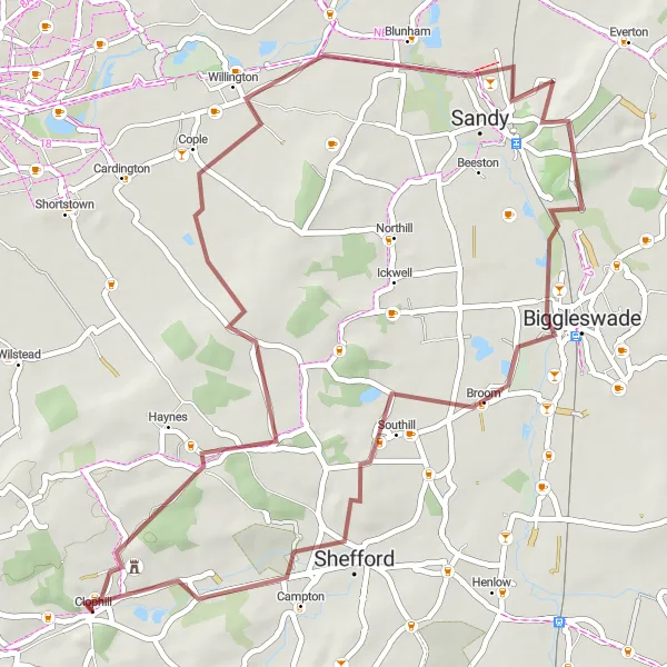 Map miniature of "Gravel Discovery in Clophill" cycling inspiration in Bedfordshire and Hertfordshire, United Kingdom. Generated by Tarmacs.app cycling route planner