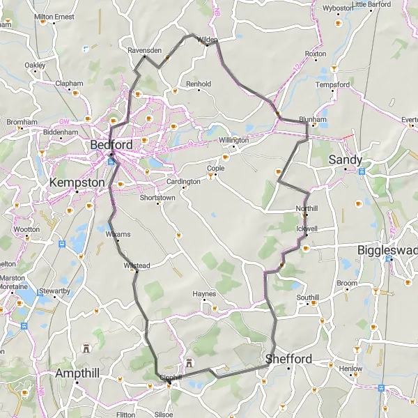 Map miniature of "Bedfordshire Road Explorer" cycling inspiration in Bedfordshire and Hertfordshire, United Kingdom. Generated by Tarmacs.app cycling route planner