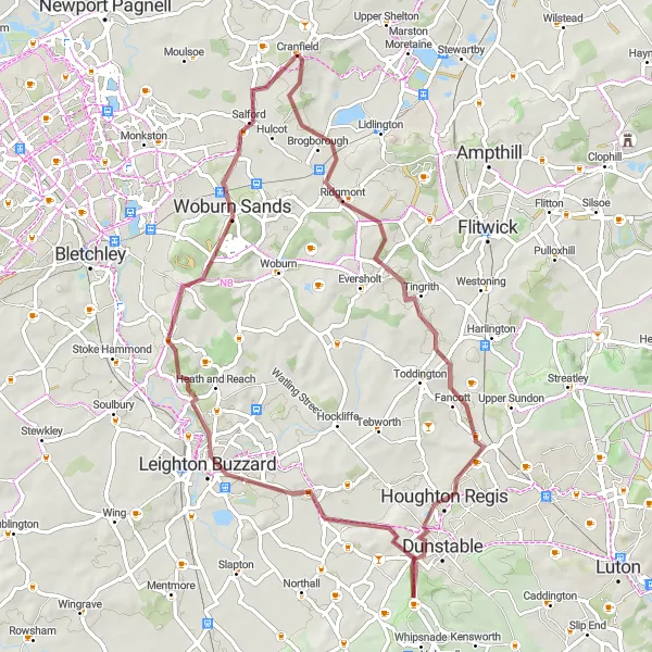 Map miniature of "Gravel Explorations" cycling inspiration in Bedfordshire and Hertfordshire, United Kingdom. Generated by Tarmacs.app cycling route planner