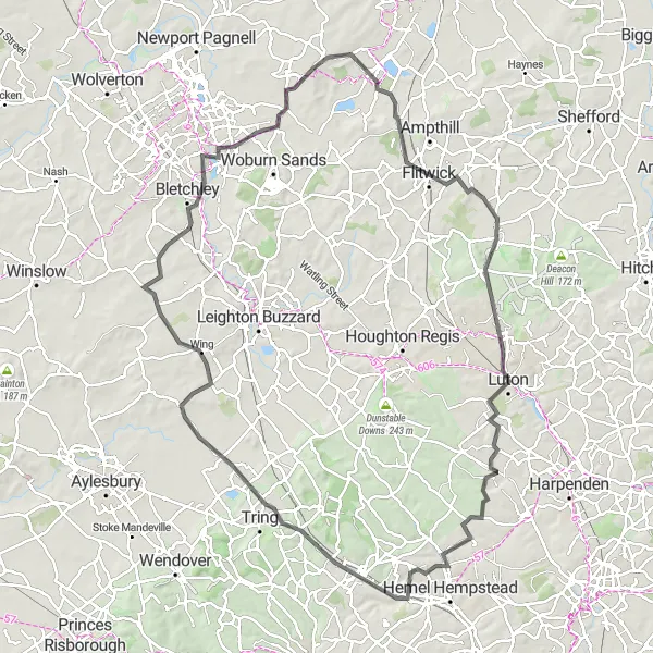 Map miniature of "Bedfordshire Countryside Explorer" cycling inspiration in Bedfordshire and Hertfordshire, United Kingdom. Generated by Tarmacs.app cycling route planner