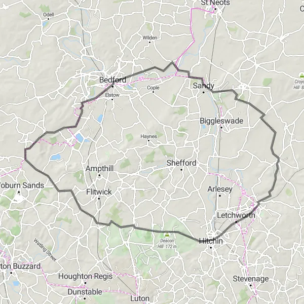 Map miniature of "Hidden Gems of Bedford Road Tour" cycling inspiration in Bedfordshire and Hertfordshire, United Kingdom. Generated by Tarmacs.app cycling route planner