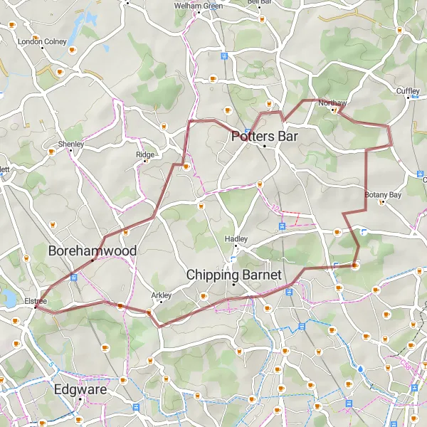Map miniature of "Borehamwood and Northaw Gravel Loop" cycling inspiration in Bedfordshire and Hertfordshire, United Kingdom. Generated by Tarmacs.app cycling route planner