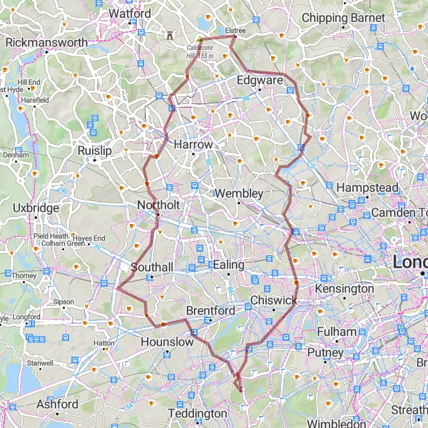 Map miniature of "The Elstree Gravel Explorer" cycling inspiration in Bedfordshire and Hertfordshire, United Kingdom. Generated by Tarmacs.app cycling route planner