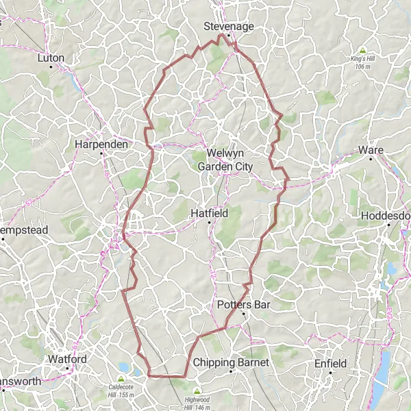 Map miniature of "Elstree to Tewin" cycling inspiration in Bedfordshire and Hertfordshire, United Kingdom. Generated by Tarmacs.app cycling route planner