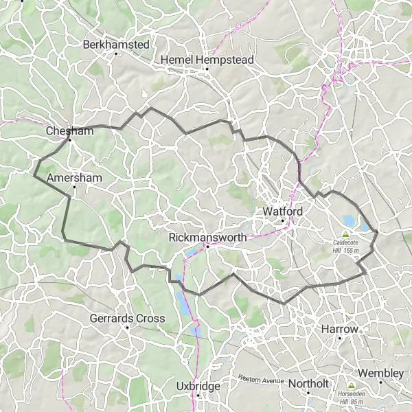 Map miniature of "Elstree Epic Road Ride" cycling inspiration in Bedfordshire and Hertfordshire, United Kingdom. Generated by Tarmacs.app cycling route planner