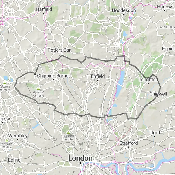 Map miniature of "The Hertfordshire Road Adventure" cycling inspiration in Bedfordshire and Hertfordshire, United Kingdom. Generated by Tarmacs.app cycling route planner