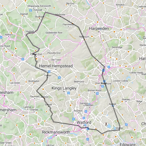 Map miniature of "Elstree to Colney Street" cycling inspiration in Bedfordshire and Hertfordshire, United Kingdom. Generated by Tarmacs.app cycling route planner
