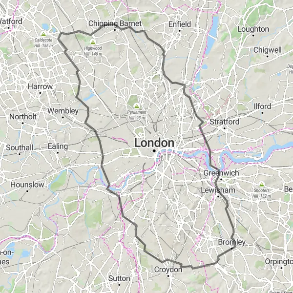 Map miniature of "Elstree Circular Road Route" cycling inspiration in Bedfordshire and Hertfordshire, United Kingdom. Generated by Tarmacs.app cycling route planner