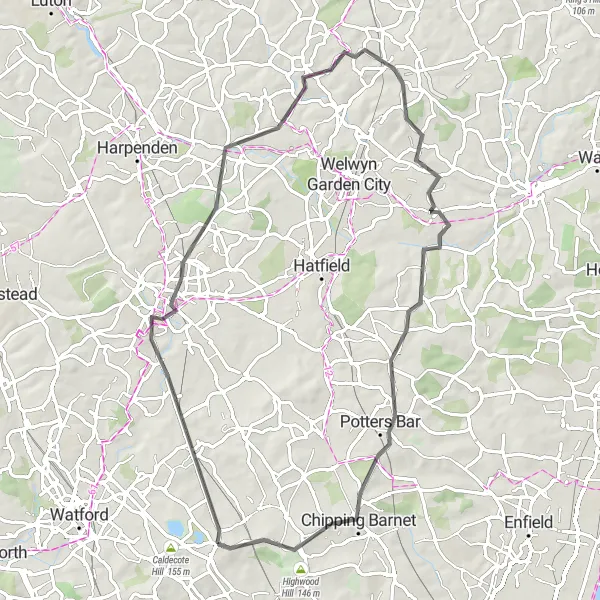 Map miniature of "Elstree to Woolmer Green" cycling inspiration in Bedfordshire and Hertfordshire, United Kingdom. Generated by Tarmacs.app cycling route planner