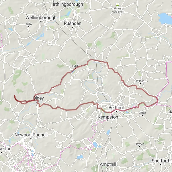 Map miniature of "The Gravel Adventure" cycling inspiration in Bedfordshire and Hertfordshire, United Kingdom. Generated by Tarmacs.app cycling route planner