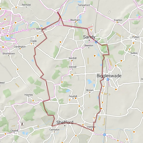 Map miniature of "The Gravel Escape" cycling inspiration in Bedfordshire and Hertfordshire, United Kingdom. Generated by Tarmacs.app cycling route planner