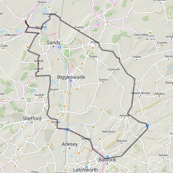 Map miniature of "The Scenic Road Escape" cycling inspiration in Bedfordshire and Hertfordshire, United Kingdom. Generated by Tarmacs.app cycling route planner