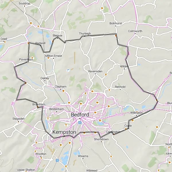 Map miniature of "The Kempston Loop" cycling inspiration in Bedfordshire and Hertfordshire, United Kingdom. Generated by Tarmacs.app cycling route planner