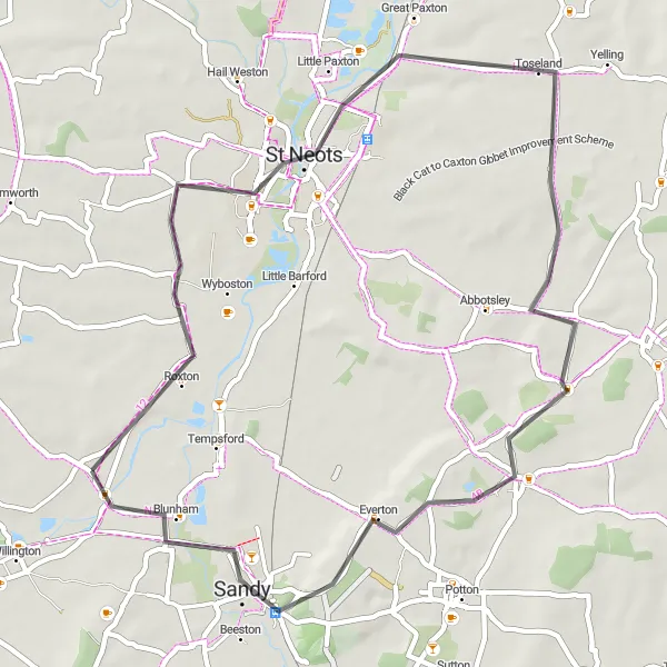 Map miniature of "The Gamlingay Loop" cycling inspiration in Bedfordshire and Hertfordshire, United Kingdom. Generated by Tarmacs.app cycling route planner