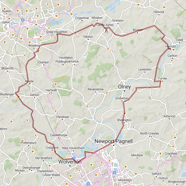 Map miniature of "Sherington and Buttermarket Gravel Route" cycling inspiration in Bedfordshire and Hertfordshire, United Kingdom. Generated by Tarmacs.app cycling route planner