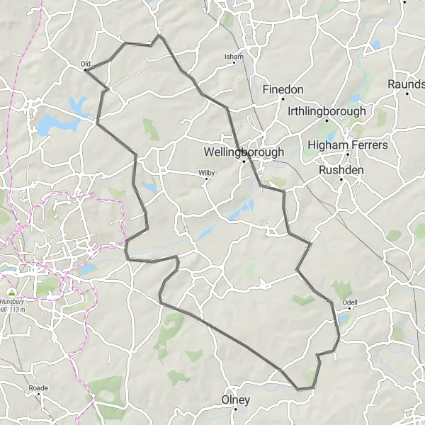 Map miniature of "Discovering the Gems of Wellingborough and Surroundings" cycling inspiration in Bedfordshire and Hertfordshire, United Kingdom. Generated by Tarmacs.app cycling route planner