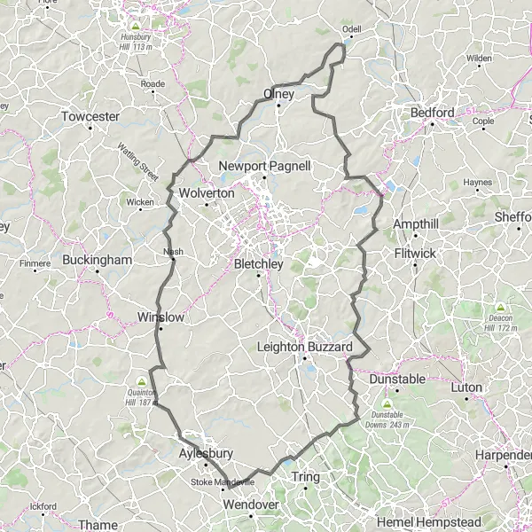 Map miniature of "Challenging Loop through Bedforshire and Hertfordshire" cycling inspiration in Bedfordshire and Hertfordshire, United Kingdom. Generated by Tarmacs.app cycling route planner