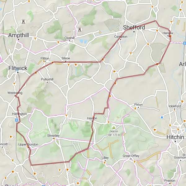 Map miniature of "Henlow to Shefford Gravel Ride" cycling inspiration in Bedfordshire and Hertfordshire, United Kingdom. Generated by Tarmacs.app cycling route planner