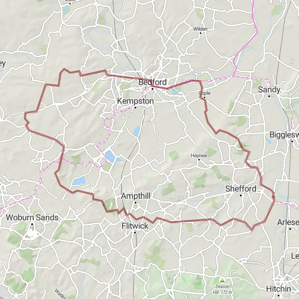 Map miniature of "Henlow to Clifton Gravel Loop" cycling inspiration in Bedfordshire and Hertfordshire, United Kingdom. Generated by Tarmacs.app cycling route planner
