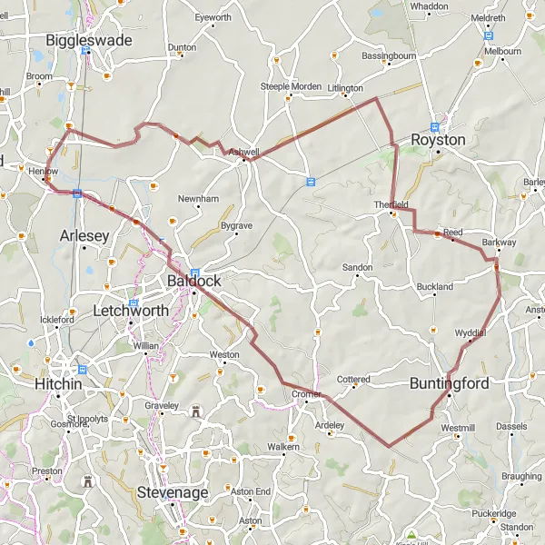 Map miniature of "Henlow to Baldock Gravel Adventure" cycling inspiration in Bedfordshire and Hertfordshire, United Kingdom. Generated by Tarmacs.app cycling route planner