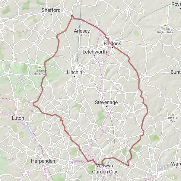 Map miniature of "Henlow Gravel Adventure" cycling inspiration in Bedfordshire and Hertfordshire, United Kingdom. Generated by Tarmacs.app cycling route planner